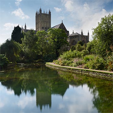 "Saint Andrew's Mirror" large greeting card featuring Wells Cathedral reflected in the ponds of the Bishop's Palace gardens.