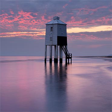 "Raspberry Slice" large greeting card featuring the wooden lighthouse at Burnham-on-Sea, Somerset.