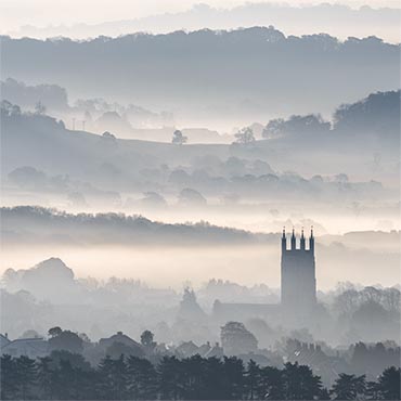 "St Cuthbert's in the Mist" large greeting card featuring St Cuthbert's Church in Wells, Somerset