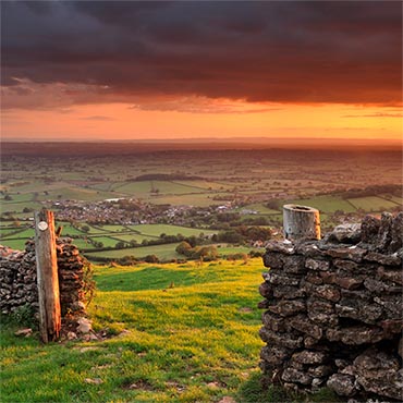 "Firewall" large greeting card featuring a fiery sunset over the Somerset Levels.